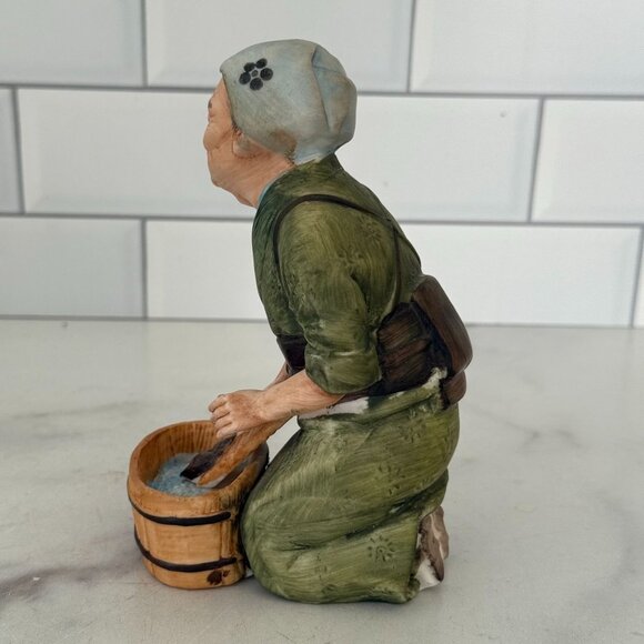 Vintage Hand-Painted Ceramic Figurine Of Woman Washing Clothes In Wooden Tub - Picture 2 of 5